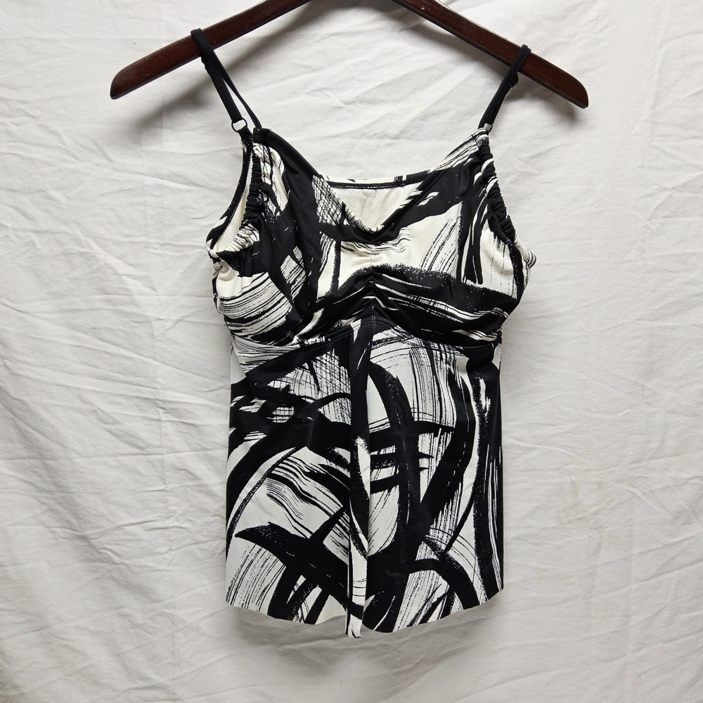 Maxine of Hollywood Tankini Swim Top Womens 12 Black White Abstract Brushstroke